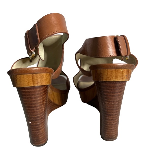 Michael Kors Josephine Tan Leather Wedge Open Toe Sandals Shoes Size 9M - Picture 7 of 12